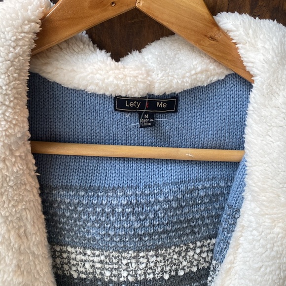 Lety & Me Helsa Stitch Fix Blue Gray Cream Sherpa hooded open front cardigan M - Picture 2 of 7